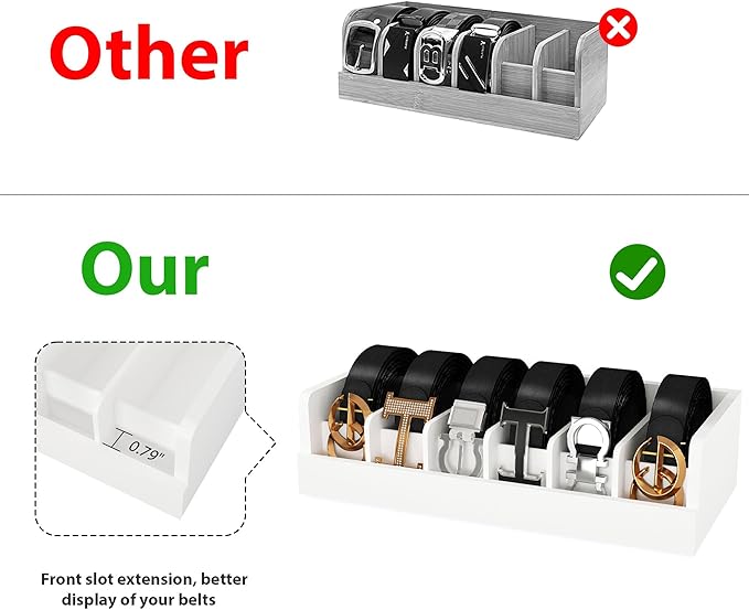 Belt Organizer for Closet - 6 Grids White Bamboo Belt Storage Organizer Racks for Men Women's Drawer, Belt Display Holder Wall Mount with 2 Pcs Tie Clip