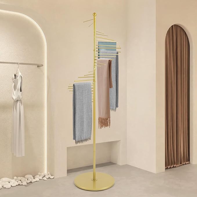 67" Freestanding Spiral Scarf Organizer - 30 Rods Metal Holder, Space Saving Hijab/Belt/Pants Rack for Closet, Clothing Store & Home