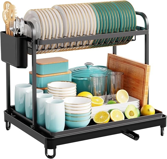 2-Tier Dish Drying Rack - Stainless Steel Dish Rack with Cutlery & Utensil Holders for Kitchen Counter, Sink Organization and Storage for Small Family, 16.7" W x 12.7" L x 15.8" H, Black