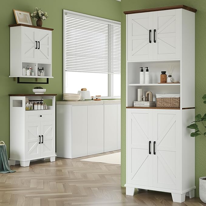 Farmhouse Bathroom Wall Cabinet with Adjustable Shelves & Towel Racks, White Wall Mounted Medicine Cabinet, Over The Toilet Storage Cabinet for Bathroom, Kitchen, Laundry Room