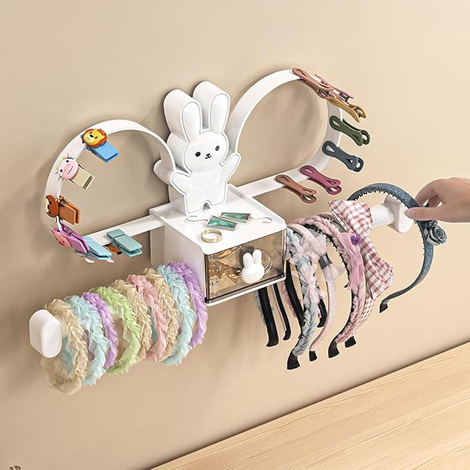 Cartoon Rabbit Hair Accessories Holder Wall Mount Headband Hair Tie Clip Headwear Hair Bows Display Stand Organizer White