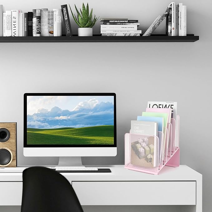 File Organizer for Desk, Desk Organizer with 5-Section Vertical File Rack, Folder Organizer,Workspace Organizers (Pink)