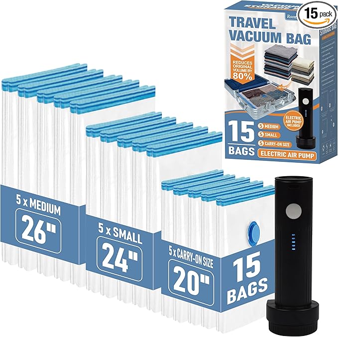15 Pack Travel Vacuum Storage Bags with Rechargeable Wireless Electric Pump, Travel Packing Bags for Luggage and Suitcase, Carry-on Size Compression Space Saver for Clothes and Clothing