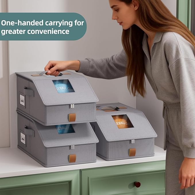 FHSQX 3PCS Hat Organizer for Baseball Caps Stackable Storage Bins With Clear Window Lid Holds Up To 36 Caps Space-Saving Hat Boxes for Closet (Deep Grey, (17.7 * 9.1 * 7.1in)*3)