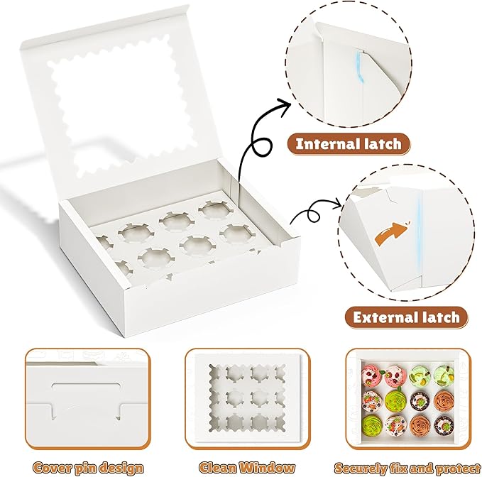 12 Pack Cupcake Boxes, Hold 12 Standard Cupcakes, Cupcake Containers with Window and Inserts, High Grade Cupcake Holder, for Birthday Holiday Party, Supplies for Cupcakes, Desserts and More