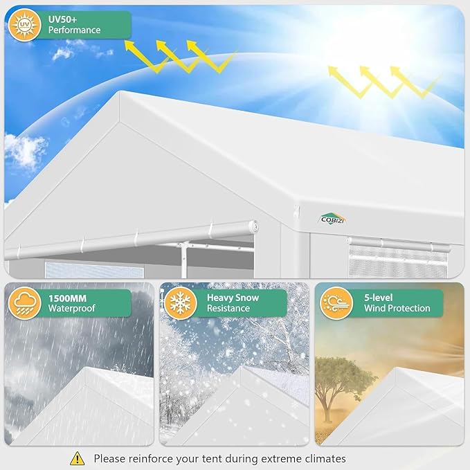 COBIZI Carport 12x20Ft Heavy Duty Portable Garage, 2.0 Powder Coated Frame(Better Than Galvanized), Waterproof Shelter with Removable Sidewalls & Windows, Built-in Sandbags, for Car/Boat/SUV, White