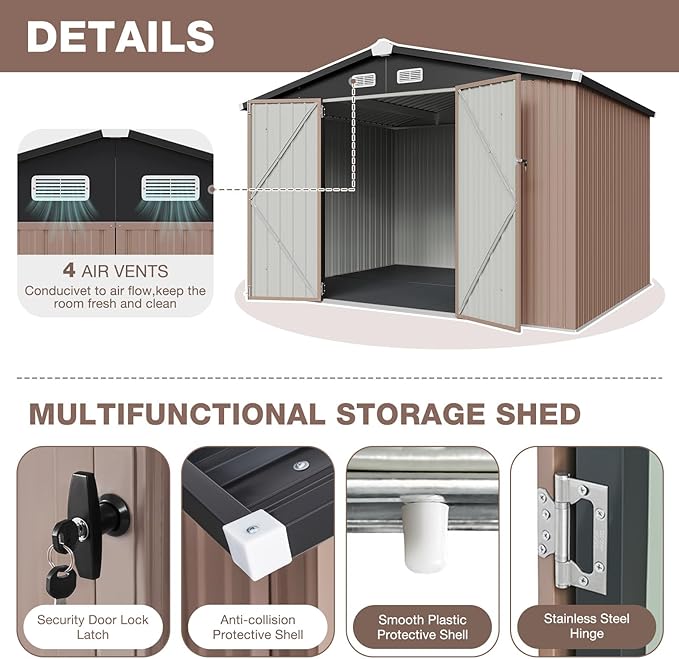 Aoxun Outdoor Storage Shed with Floor - 10x8 FT Metal Shed with Lockable Doors & Air Vents, Waterproof Outside Storage Shed for Tool, Garbage Can, Bike, Mower, for Backyard Garden Patio, Brown