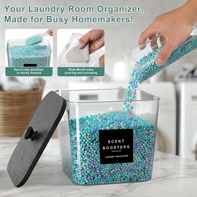 3 Pack Laundry Pod Containers and Dryer Sheet Holder Acrylic Jars with Bamboo Lids and Labels Laundry Room Organization Containers for Scent Booster Powder Detergent Pods Storage