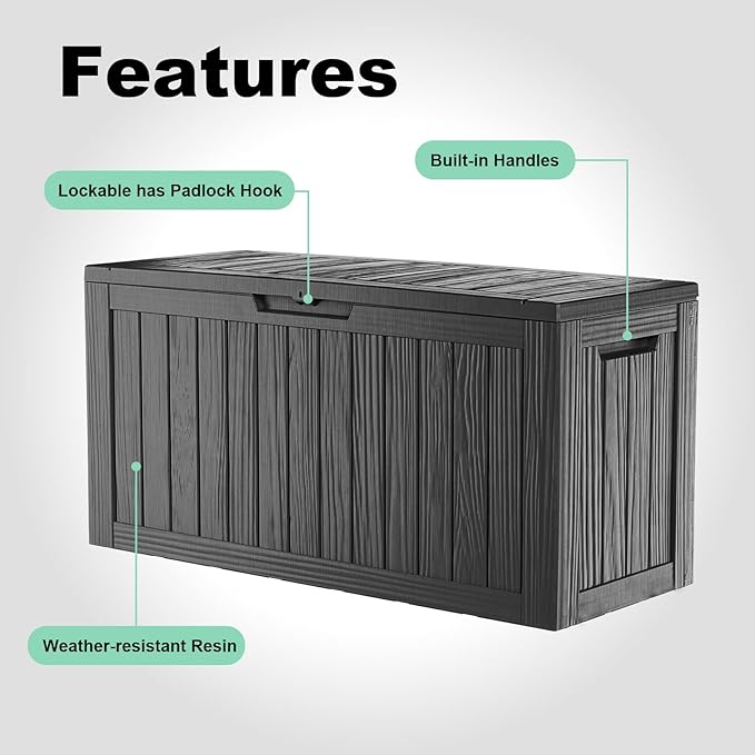 86 Gallon Outdoor Deck Box, Lockable Waterproof Outdoor Storage Boxes For Garden Tools,Indoor Cushions,Accessories Outside Storage Resin Weatherproof Container(Black)