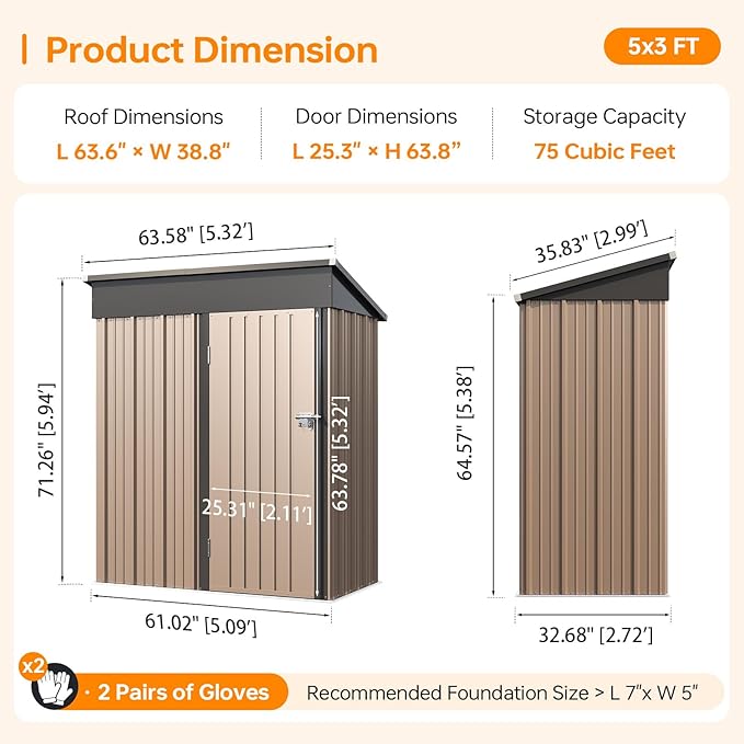 5x3FT Outdoor Storage Shed, Metal Garden Tool Shed with Sloping Roof & Lockable Door (Brown，5'x3')