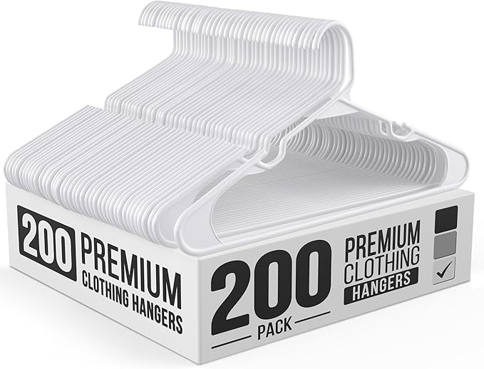 200 Pack Plastic Hanger for Shirt Pants Coats Dresses Skirts Suits Jackets - Standard Thick Coat Hanger - Sturdy & Durable Design with Shoulder Grooves Hook - White