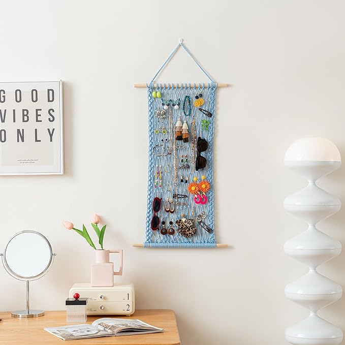 Pretty Jolly Hanging Jewelry Mesh Organizer Macrame Wall Mounted Necklaces Storage Earring Display Rack Girls Hair Clips Hanger with 20 Pieces S Shape Hooks for Bracelets,Necklace and Rings(Blue)