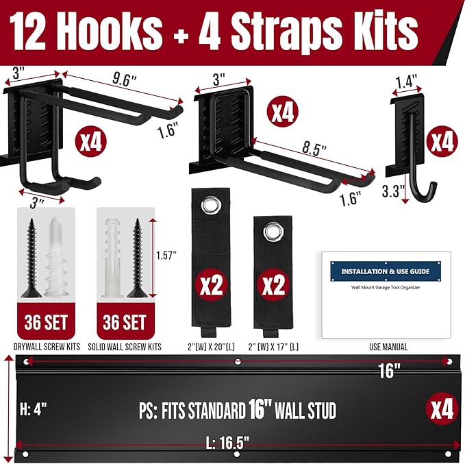 Garage Tool Organizer Wall Mount-66 Inch Heavy Duty Tool Storage Rack with 12 Hooks & 4 Storage Straps, Space Saving Wall Hanger for Garden & Shed Tools, Fits 16" Wall Studs