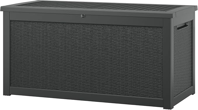 NUNU LAB Outdoor Storage Box, 320 Gallon Deck Box, Resin Waterproof Outside Storage Bench, Outdoor Storage Cabinet With Lockable Lid, Backyard Deck Box For Garden Tools, Patio Cushions, Black