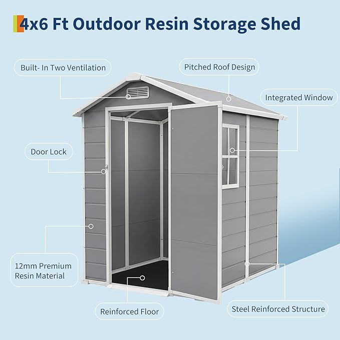 4x6 FT Outdoor Storage Shed with Floor, Plastic Resin Garden Shed with Window & Sloping Roof & Lockable Door for Patio Backyard Garden, Lawn Mower, Bike, Tool Storage