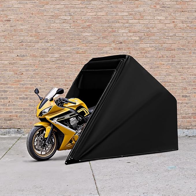 Motorcycle Storage Shelter Shed 4.5x11FT Motorcycle Garage Tent Heavy Duty Vehicle Motorcycle Shed with 600D Oxford Fabric Cover with 2 Roll-Up Side Windows (Black, L Size)