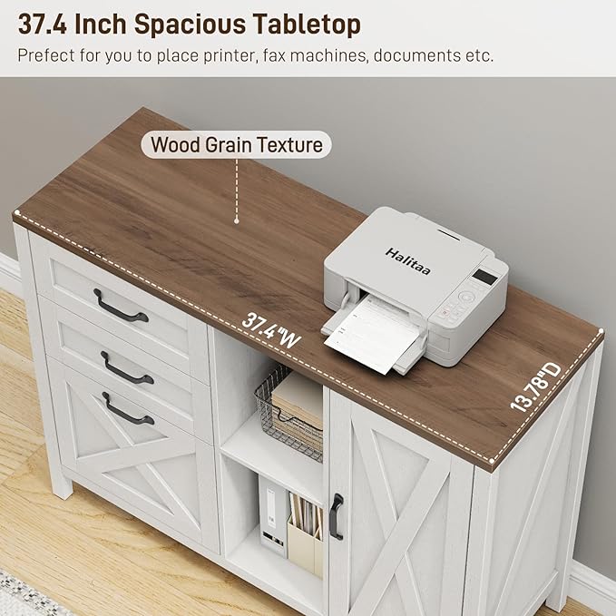 3 Drawer File Cabinet, Farmhouse Style Lateral Filing Cabinet Suitable for Letter or A4 Size Files, Wooden Home Office Storage with Adjustable Shelf and Printer Stand, White