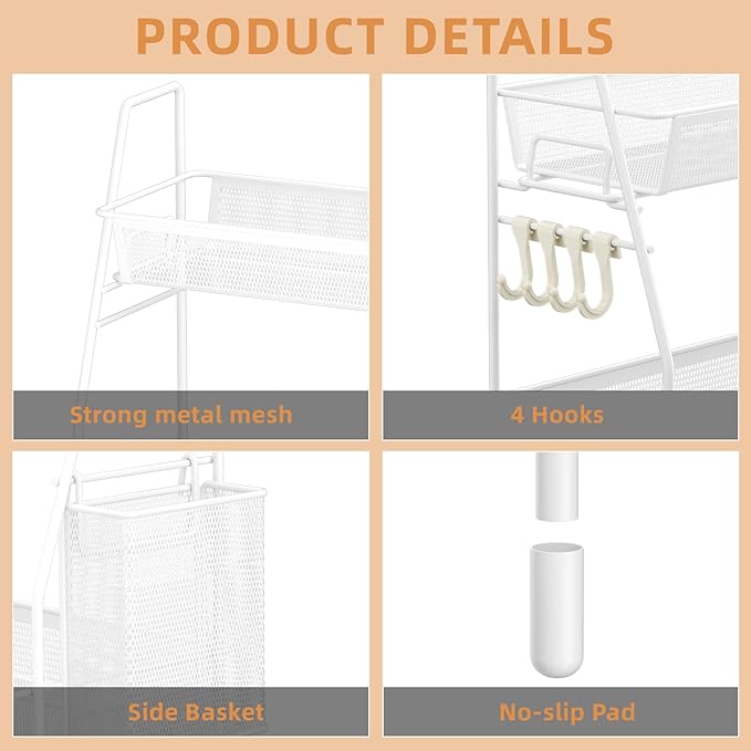 VITVITI 2-Tier Bathroom Organizer Countertop, Metal Wire Mesh Bathroom Counter Organizer Storage with Basket Hooks, Vanity Tray Shelf, Kitchen Spice Rack, White