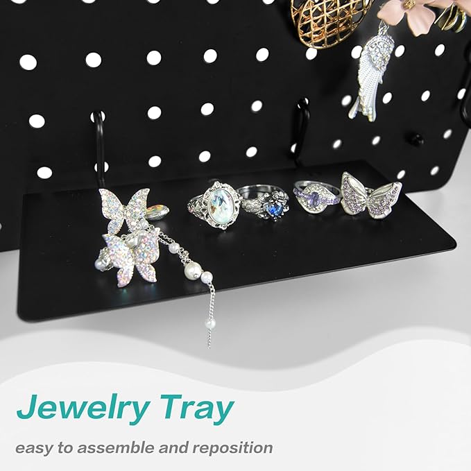 Wall Pegboard Jewelry Organizer - Versatile Jewelry Holders for Necklace Earring Bracelet Ring with Magnetic Racks Display Tray S Hooks J Hangers - Hanging Cabinet Closet Dresser Adhesive Mount Set