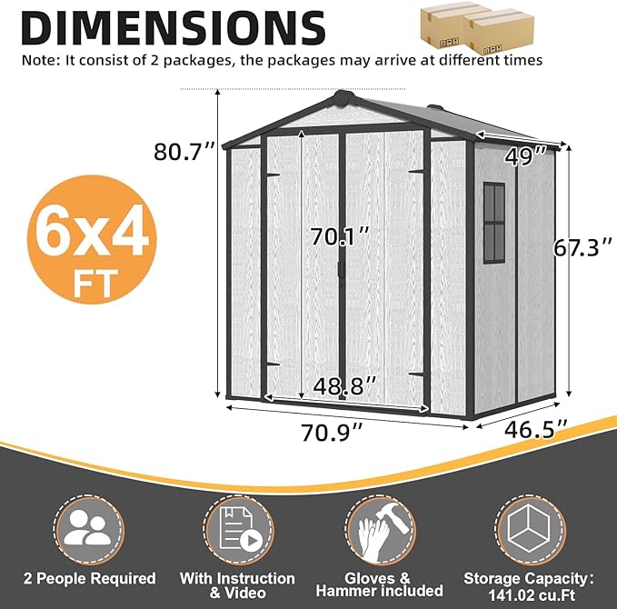 MELLCOM 6x4 FT Resin Outdoor Storage Shed with Floor, Outdoor Storage Tool Shed with Windows and Lockable Door, Resin Garden Shed for Bike, Garbage Can, Lawnmower