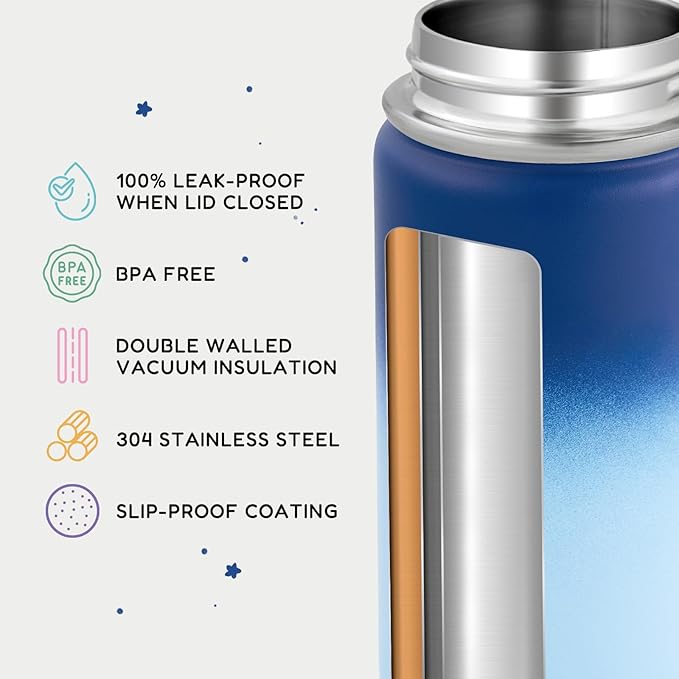 12oz Kids Water Bottle for School, Toddler Bottles with Straws, Stainless Steel Vacuum Insulated Water Bottle for Boys&Girls, Leak-Proof, BPA-Free, Nature Couple