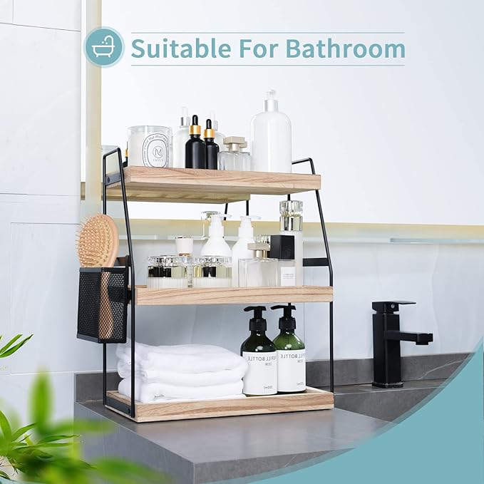 Bathroom Counter Organizer, 3-Tier Standing Storage Shelf with Basket, Wood Tray for Skincare Vanity Organizer