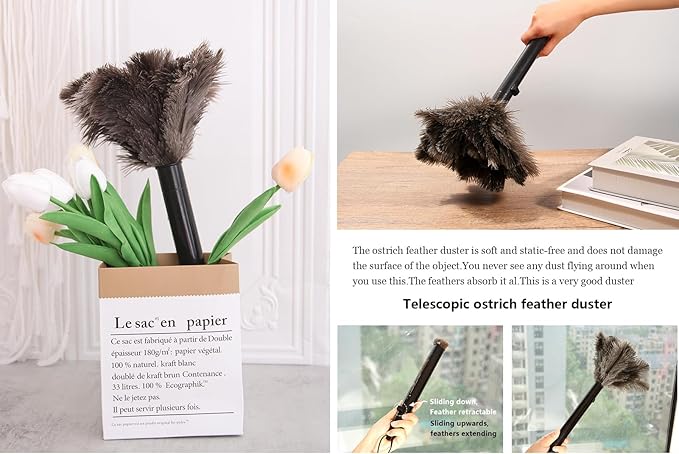 Retractable Ostrich Feather Duster for Cleaning, 15 Inch Fluffy and Natural Feather Duster with Retractable Handle， Reusable Eco-Friendly Handheld Cleaning Supplies (10 pcs)