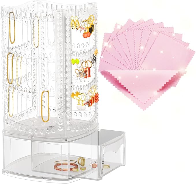 Hanging Jewelry Organizer with 10 Silver Polishing Cloths, Jewelry Holder with 156 Holes and 160 Grooves for Earring, Necklaces, Bracelet with Rotating Hanger, Easy Assembly (Clear)