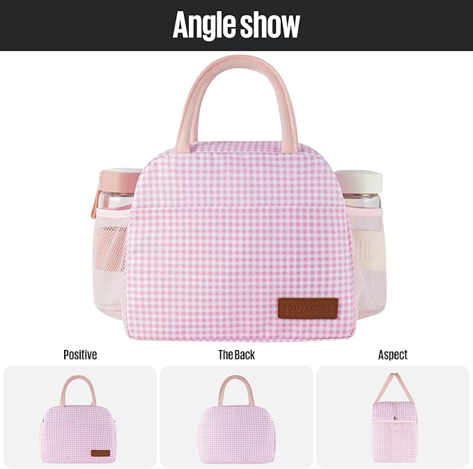 Lunch Bag Women/Men Lunch Box Women/Men (Pink+White Grid)