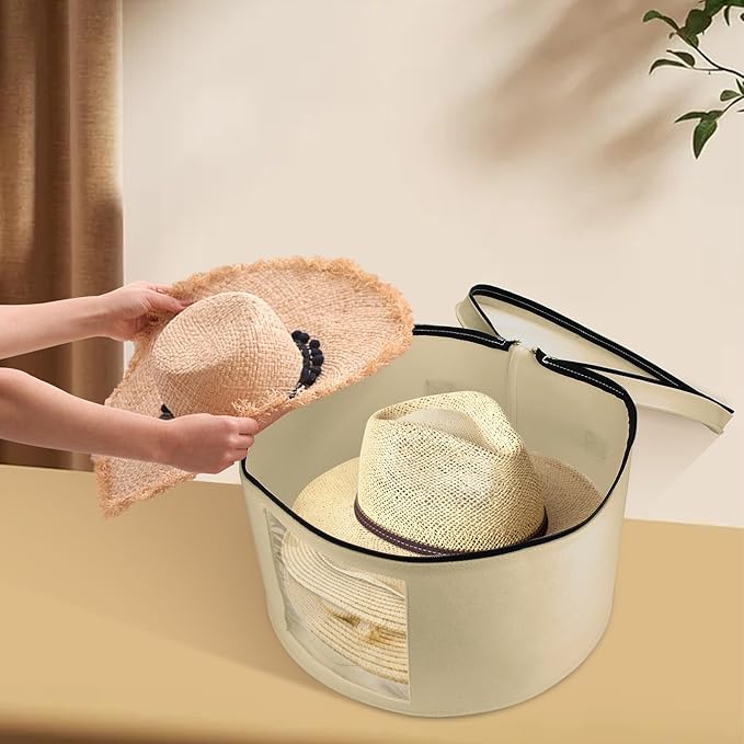 Large Hat Storage Box for Women & Men, 16" D x 10" H Hat Box Organizer，Foldable Round Travel Hat Boxes with Dustproof Lid, Stuffed Toy Storage Bin Bag (Milk Coffee)