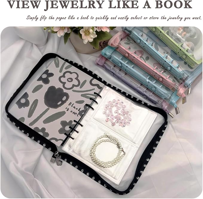 Jewelry Organizer Travel,Jewelry Storage Book with 45 Portable thick PVC pouches,Jewelry Organizer Zipper Bags for Necklaces Bracelet Rings and Earrings (front cover removable),Black