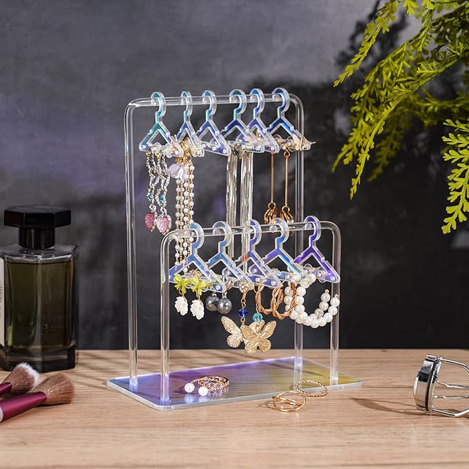 NiHome Acrylic Earring Holder with Unique Double-Tiered Design, Miniature Clothing Hangers with Spacious Storage for 48 Pairs, Mirror-Finish Display for Home Vanity & Retail Showrooms (Iridescent)