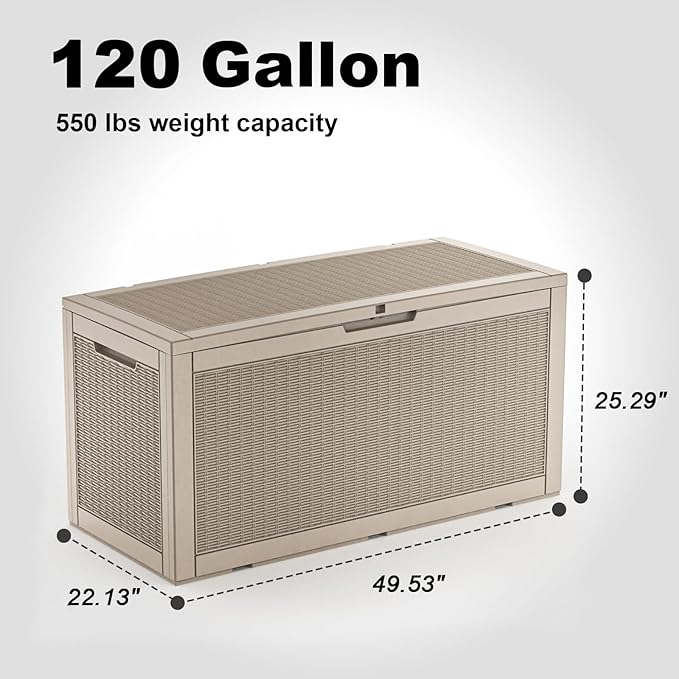 EasyUp 120 Gallon Deck Boxes Waterproof, Outdoor Large Storage Boxes with Lids, Outside Resin Storage Box & Deck Boxes for Patio, Garden Use（Gray）