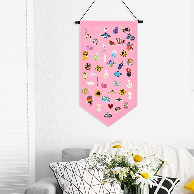 Winmany Wall Hanging Brooch Jewelry Storage Case Canvas Display Stand Enamel Pin Display Banner Holder Earrings Necklace Glitter Pin Collection Organizer (Pink)