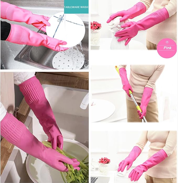 Bamllum 3 Pairs of Rubber Dishwashing Gloves for Kitchen and Household Cleaning – Long Cuff 15", Reusable, Flexible Long-lasting and Non-Slip (Red+Yellow+Green, Large) (Pack of 2)