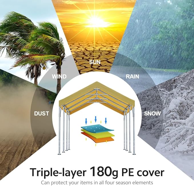 ADVANCE OUTDOOR 12x20 ft Heavy Duty Carport Potable Car Canopy Garage Party Tent Boat Shelter, Adjustable Height from 9.5 ft to 11 ft, Beige
