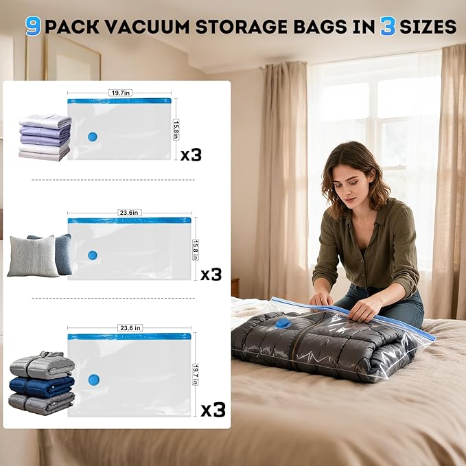 Mapambo Travel Vacuum Bags with -4000Pa Electric pump, 9 Pack Vacuum Seal Bags for Clothing Travel in 3 Combo sizes, Space Saver Vacuum Storage Bags, Saving up to 80% of Space (9 Combo Pack)