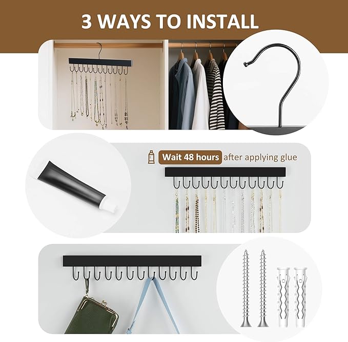 ZEDODIER 2 Pack Necklace Organizer Wall Mount, Wooden Self-Adhesive Jewelry Hanger with 24 Adjustable Hooks, Hanging Holder for Necklace, Belts, Tank Tops, Bras, Black