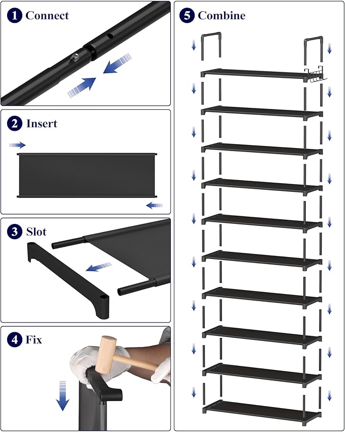 Kitsure Shoe Rack for Closet - 10-Tier Shoe Organizer with Hook Rack, Large-Capacity & Space-Saving Shoe Shelf for Entryway, Bedroom, Living Room,32.2" x 11.8" x 68.5", Black