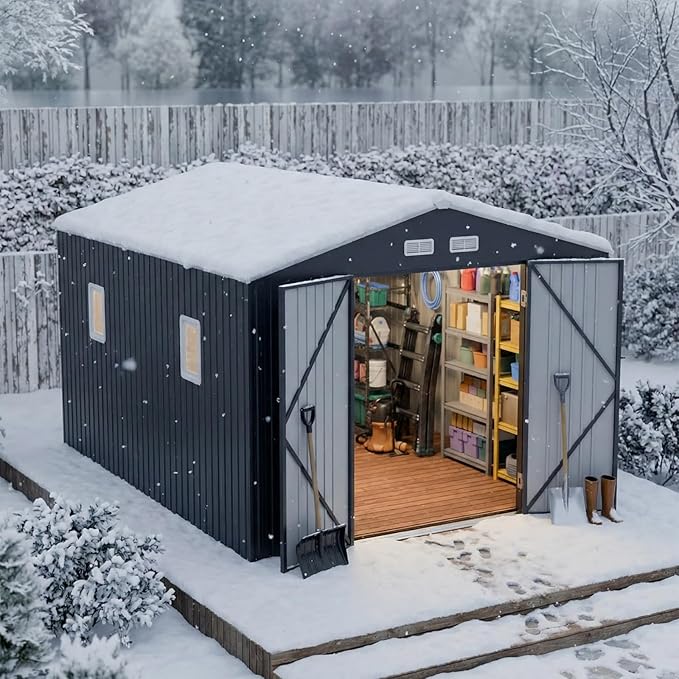 10x10 FT Metal Outdoor Storage Shed with Unique Floor Base Clear Roof Window Lockable Double Door Vent Heavy Duty Reinforced Frame Waterproof Sheds for Garden Large Lawnmower Tool,Dark Grey