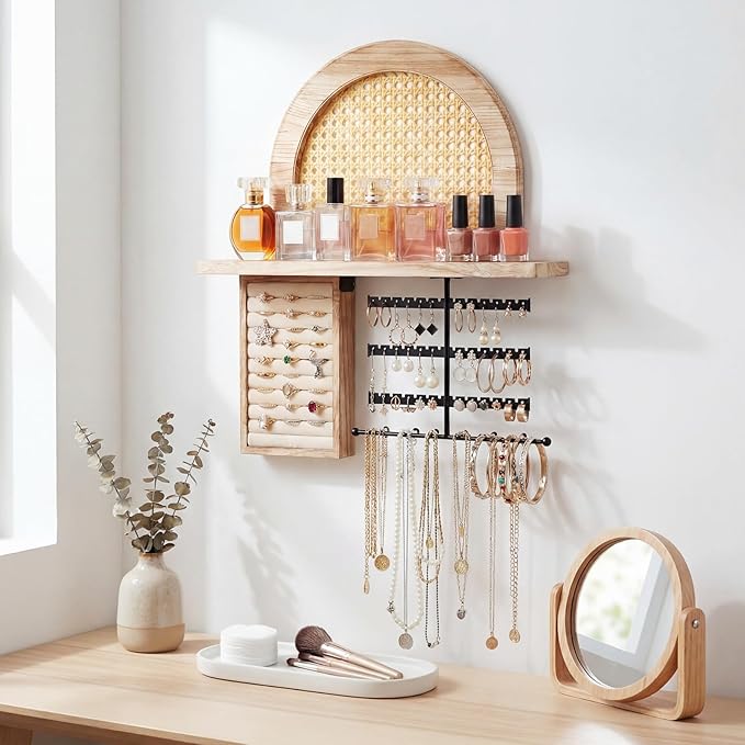 Hanging Jewelry Organizer Wall Mounted with Rustic Wood Rattan Shelf Wooden Ring Display Box Large Boho Jewelry Holder for Necklaces Bracelet Earrings Rings Storage