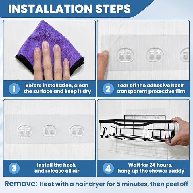 10 Pack Shower Caddy Adhesive Replacement, Shower Shelf Strong Adhesive Hooks, No Drilling, Transparent WaterProof Strips for Bathroom Shelves & Kitchen Racks