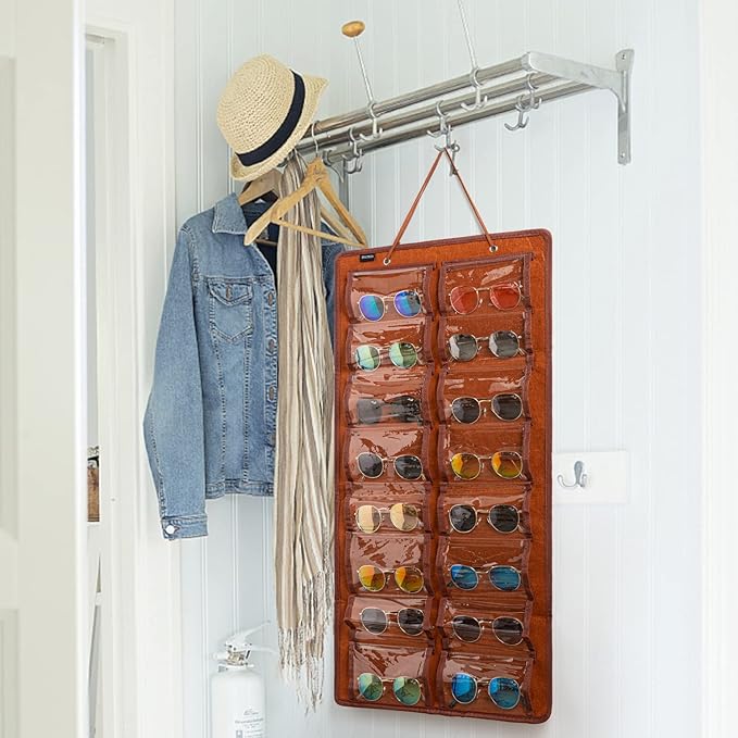 Sunglasses Organizer Storage - 16 Slots Glasses Storage Wall Pocket Display Hanging on Door, Eyewear Display, Dust-Proof (Brown, Dust-Proof)