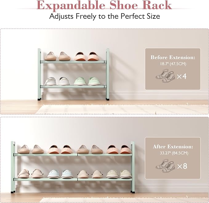 Bumusty 2-Tier Expandable Shoe Rack for Closet, 18“-33” Adjustable Shoe Rack for Small Space, Small Shoe Organizer for Front Door, Sturdy Metal, Green