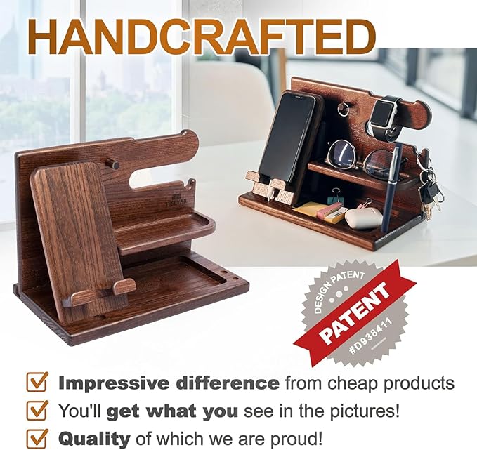 TESLYAR Wood Phone Docking Station for Men - Desk or Nightstand Organizer - Birthday Gifts for Husband, Dad - Anniversary Idea from Wife - Key Holder, Stand Wallet, Watch & Essentials (Bourbon Brown)