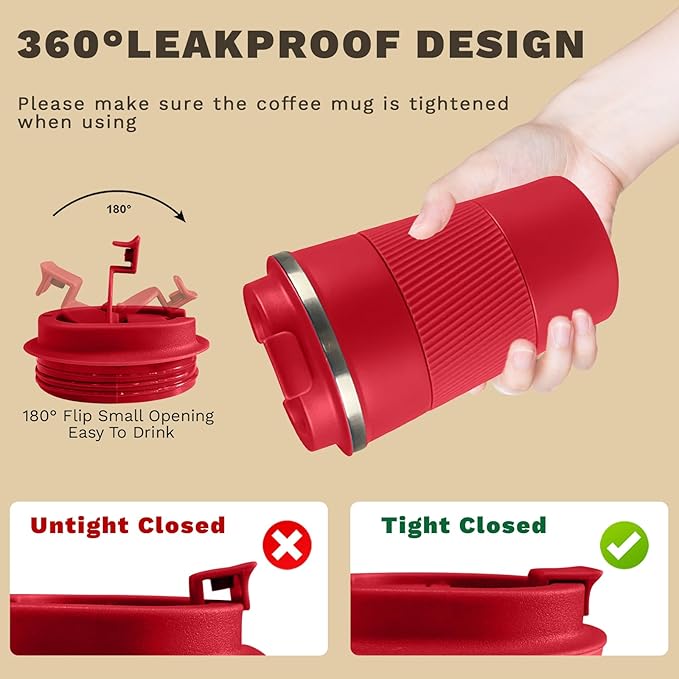 Vacuum-Insulated Stainless Steel Travel Coffee Mug, Leak-Proof Reusable Coffee Cup with Lid - Keep Hot & Cold Drinks for Hours, Durable Insulated Tumbler for Men & Women(3rd-Red, 17OZ)
