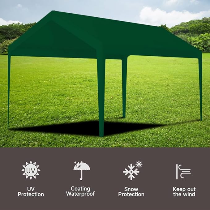 Rutile 10 x 20 FT Carport Replacement Cover, Heavy Duty Car Tarp Canopy Tent Garage Top Shelter with Fabric Leg Pole Skirts and Ball Bungees - Green (Only Top Cover, Frame Not Included)