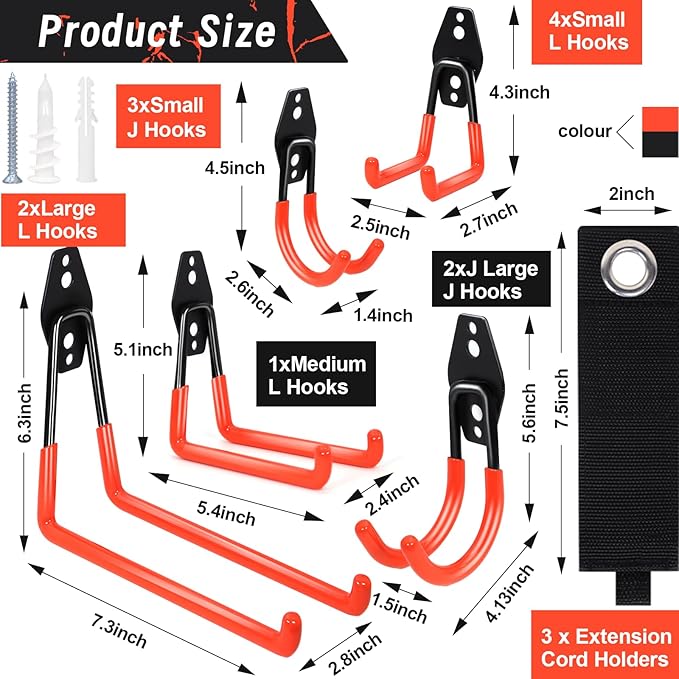 15 Pack Garage Hooks Heavy Duty,Garage Hangers Storage System Hooks for Shed Yard Tools Ladders Bikes Hose Hanging Wall Mount with Anti-Slip Coating