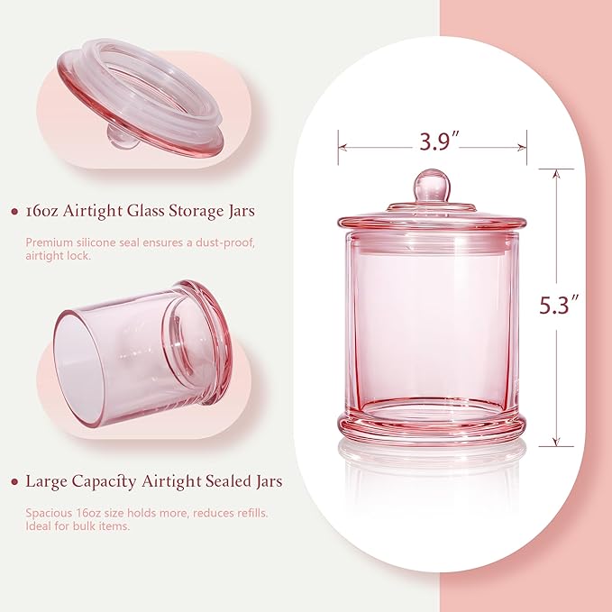 Qtip Holder & Cotton Pad Dispenser, Bathroom Organizer and Storage Canisters, 16oz Glass Apothecary Jars for Kitchen, Restroom - Home Decor Accessories, Room Decor Aesthetic (2 Pack, Pink)