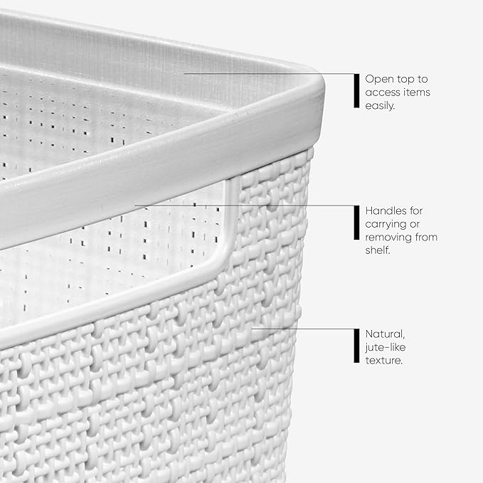 Curver Set of 4 Large 18L Easy Access Jute Decorative Plastic Organization and Storage Baskets - Perfect Bins for Home Office, Closet Shelves, Kitchen Pantry and All Bedroom Essentials, White